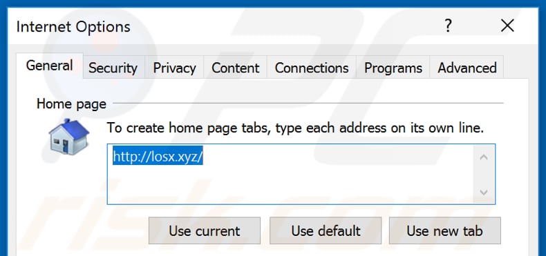Removing losx.xyz from Internet Explorer homepage