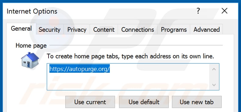 Removing autopurge.org from Internet Explorer homepage