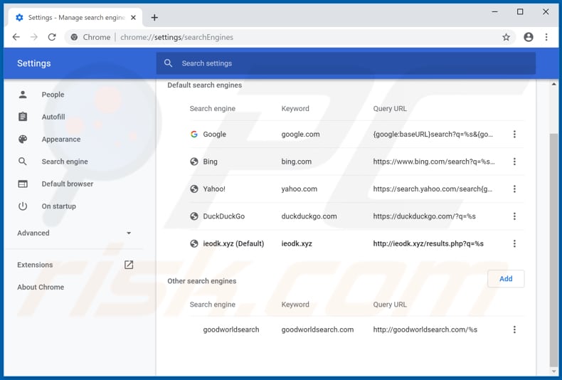 Removing ieodk.xyz from Google Chrome default search engine