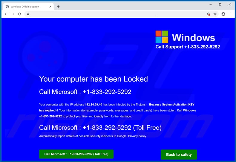 Microsoft Protected Your Computer scam background page