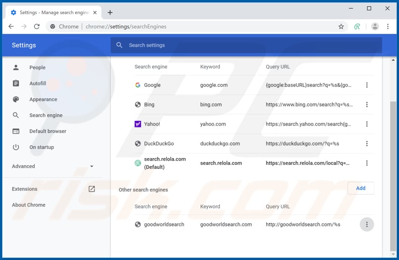 Removing search.relola.com from Google Chrome default search engine