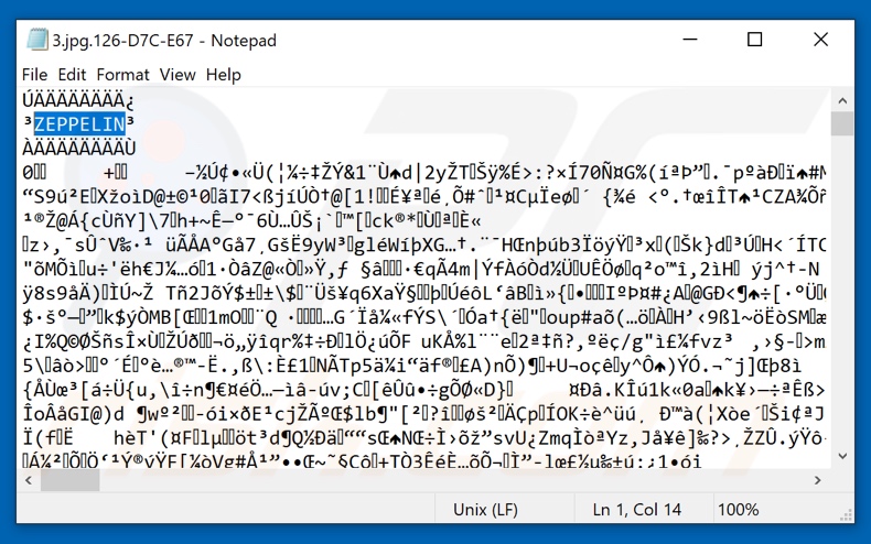 ZEPPELIN Ransomware verschlüsselte Datei mit hinzugefügtem Dateimarker