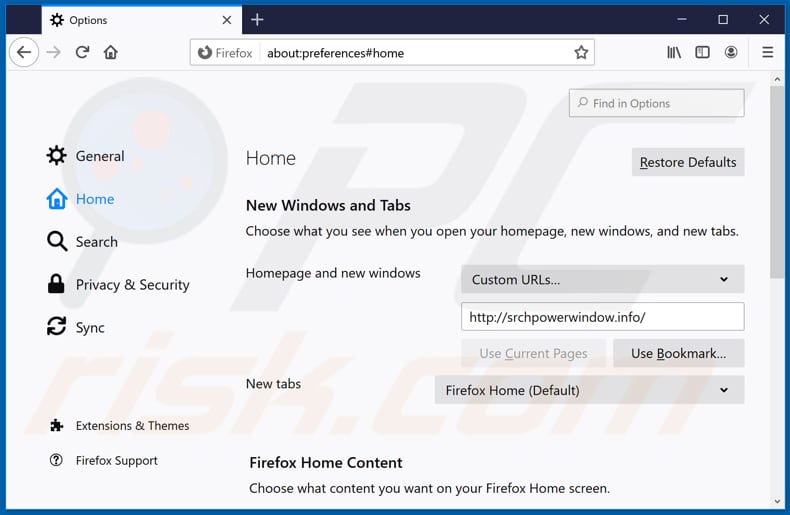 Removing srchpowerwindow.info from Mozilla Firefox homepage