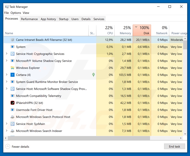 Back Ransomware-Prozess im Task Manager (Came Intranet Beads Arll Filename)