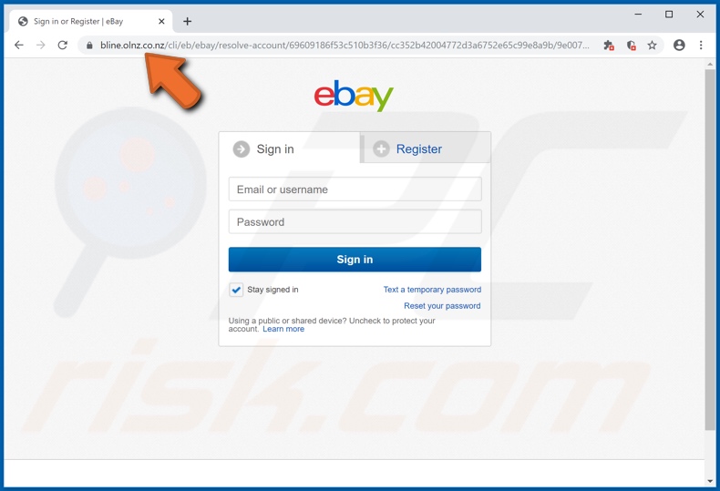 Phishing Webseite, die durch den eBay Email Betrug gefördert wird