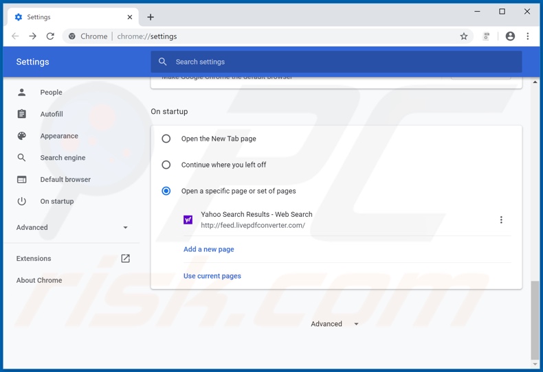 Removing feed.livepdfconverter.com from Google Chrome homepage