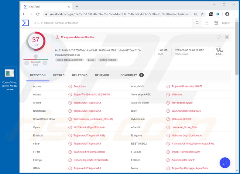 file in a coronavirus spam campaign detected as a threat in virustotal