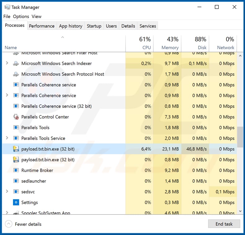 Demon payload.txt.bin.exe bösariger Prozess im Task-Manager