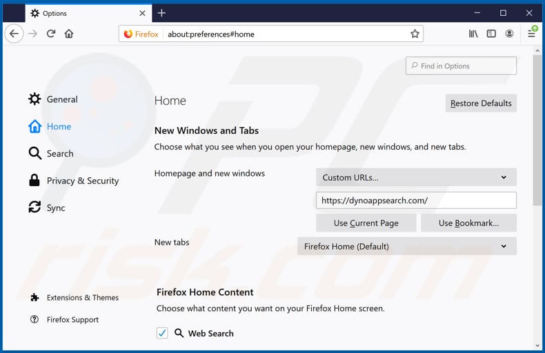 Removing dynoappsearch.com from Mozilla Firefox homepage