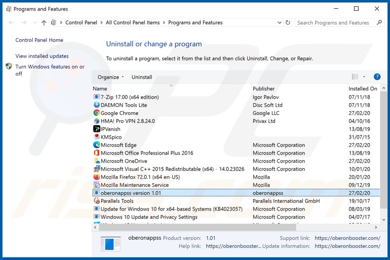 OBERONBOOSTER adware uninstall via Control Panel