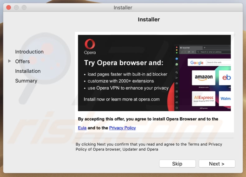 rogue adobe flash player installer promoting opera