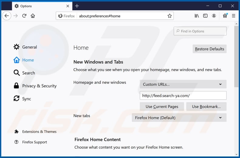 Removing feed.search-ya.com from Mozilla Firefox homepage