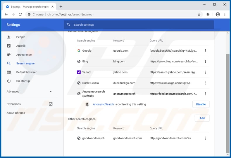 Removing feed.anonymosearch.com from Google Chrome default search engine
