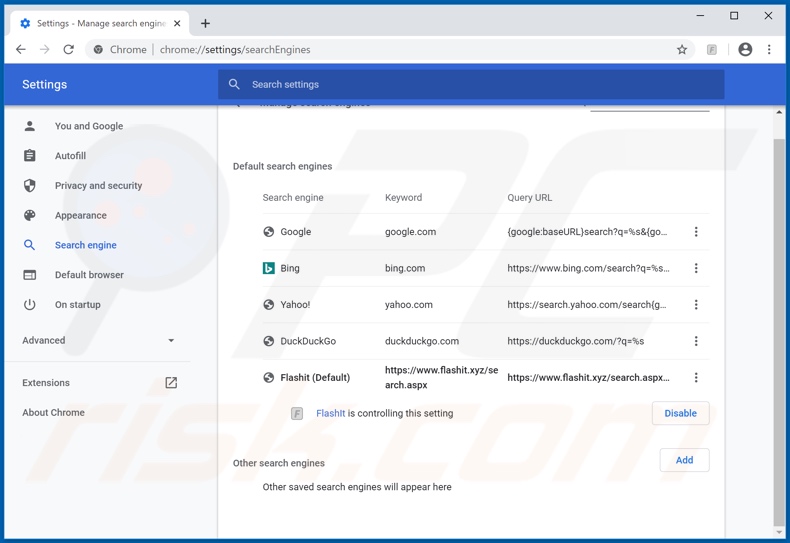 Removing flashit.xyz from Google Chrome default search engine