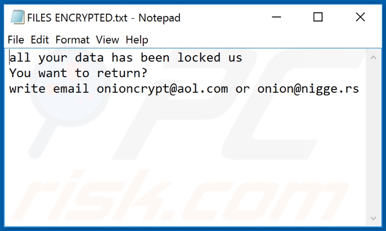 ONION ransomware text file (FILES ENCRYPTED.txt)