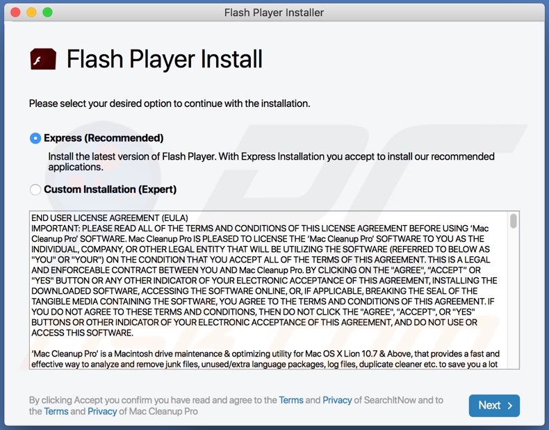 OriginalTechSearch Adware wird über ein gefälschtes Adobe Flash Player Update-/Installationsprogramm verbreitet