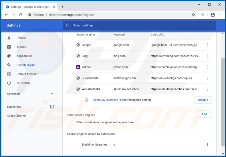 Removing search.shieldmysearches.com from Google Chrome default search engine