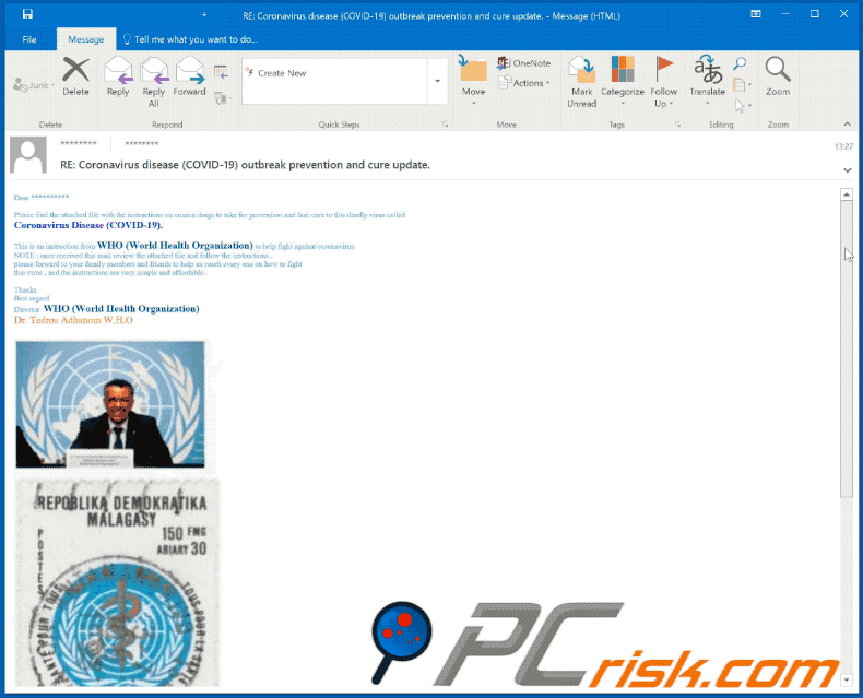 Third variant of World Health Organization (WHO) email (distributing Agent Tesla) GIF