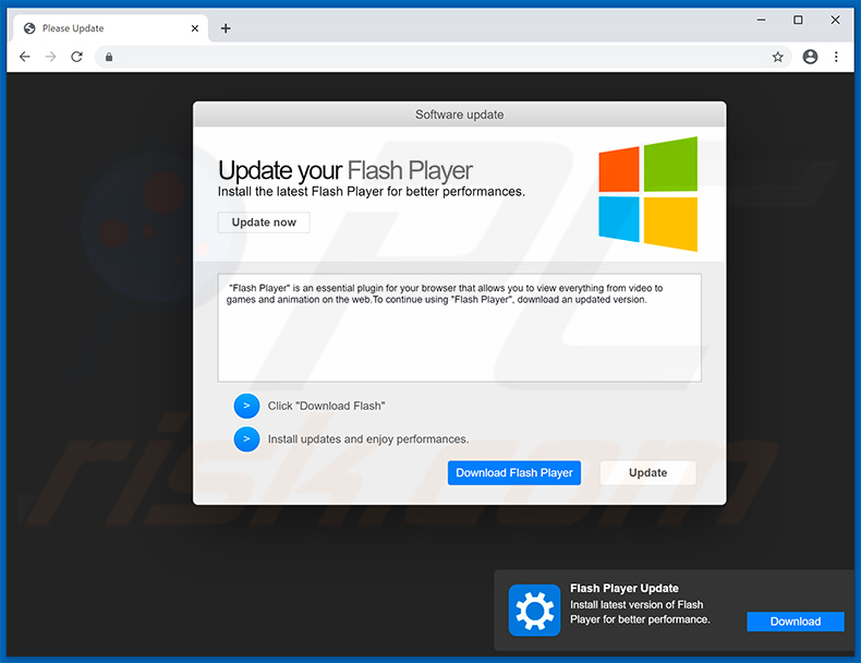 Betrügerische Webseite fördert das gefälschte Adobe Flash Player Installationsprogramm