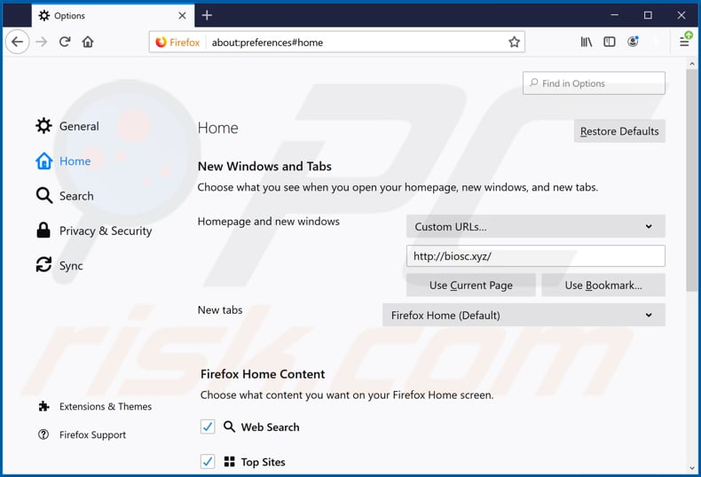 Removing biosc.xyz from Mozilla Firefox homepage