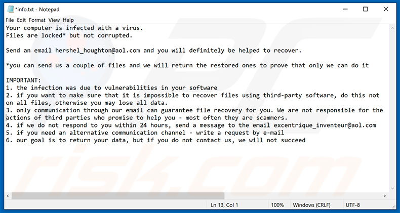 Aktualisierte Eight Ransomware info.txt Datei