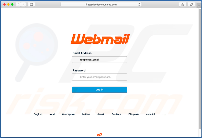 Email credentials phishing Webseite als Anmeldeseite von Webmail angezeigt