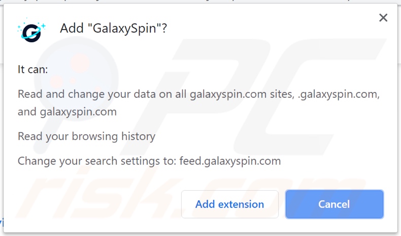 GalaxySpin browser hijacker asking for permissions