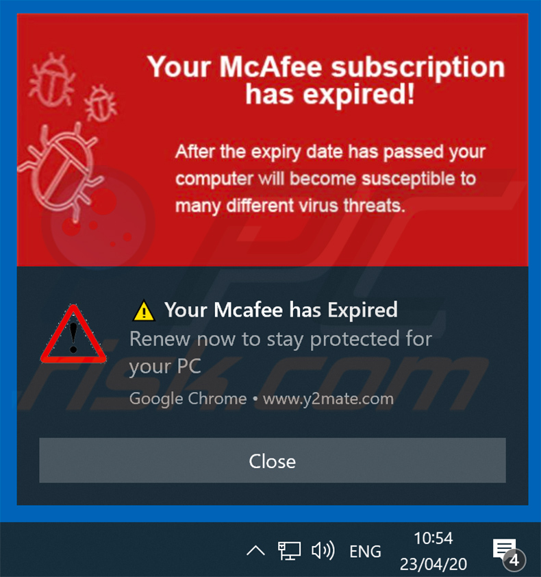 Your McAfee Subscription Has Expired Pop-up-Betrug fördert Browserbenachrichtigungen angezeigt von y2mate.com