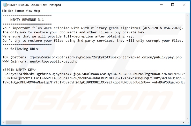 NEMTY REVENUE 3.1 decrypt instructions (NEMTY_[random_string]-DECRYPT.txt)