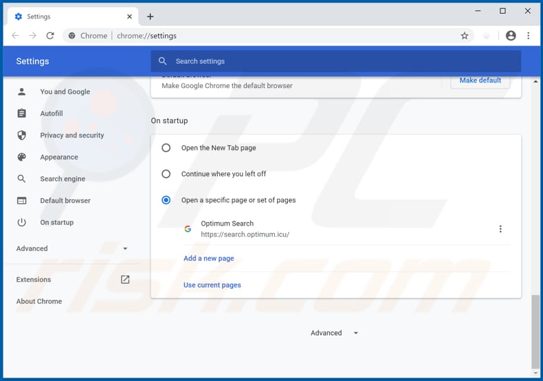 Removing search.optimum.icu from Google Chrome homepage