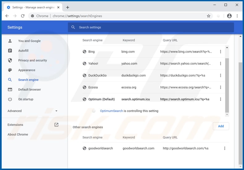 Removing search.optimum.icu from Google Chrome default search engine