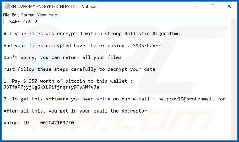 SARS-CoV-2 decrypt instructions (RECOVER MY ENCRYPTED FILES.TXT)
