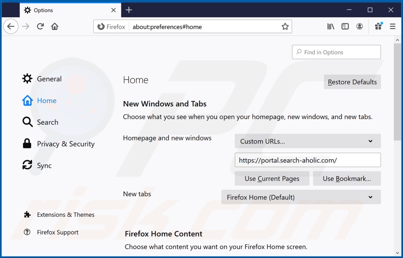Removing search-aholic.com from Mozilla Firefox homepage