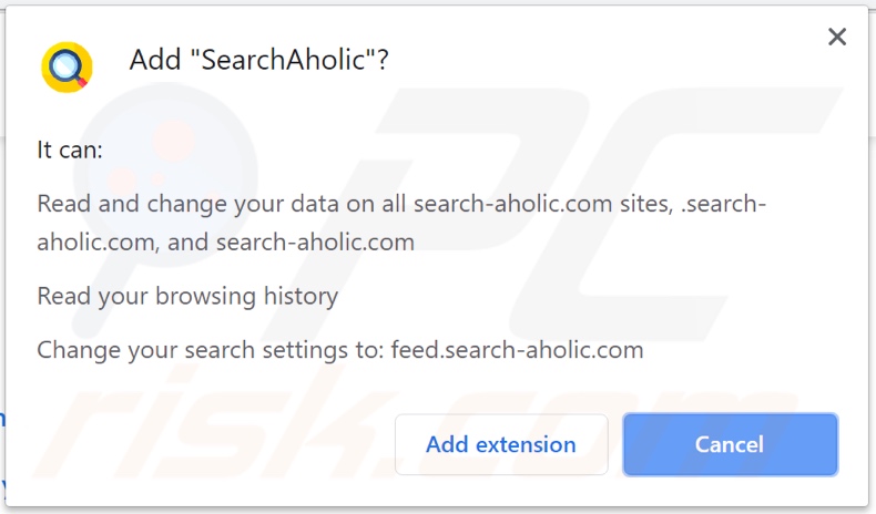 SearchAholic browser hijacker asking for permissions