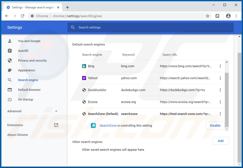 Removing feed.search-zone.com from Google Chrome default search engine