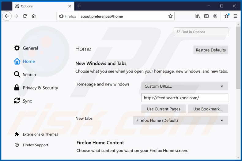 Removing feed.search-zone.com from Mozilla Firefox homepage