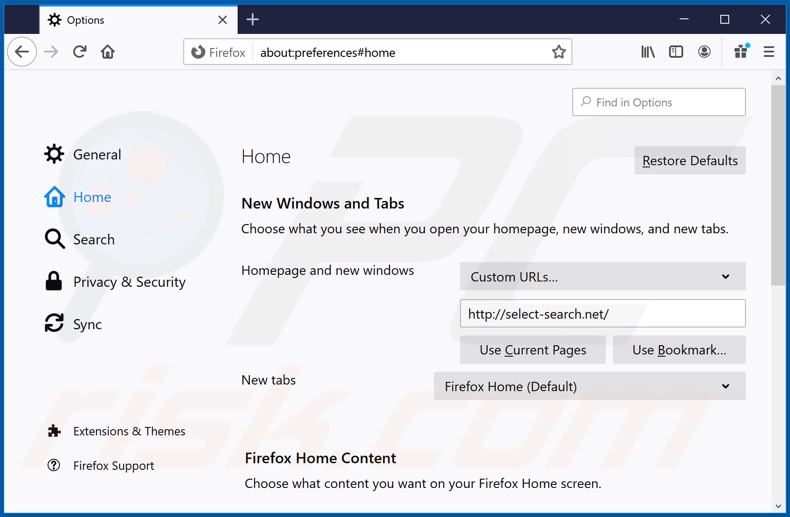 Removing select-search.com from Mozilla Firefox homepage