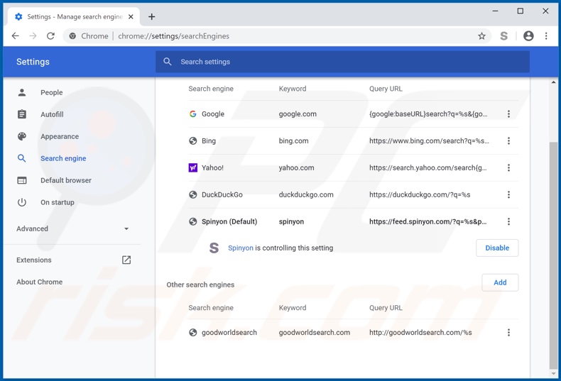 Removing feed.spinyon.com from Google Chrome default search engine