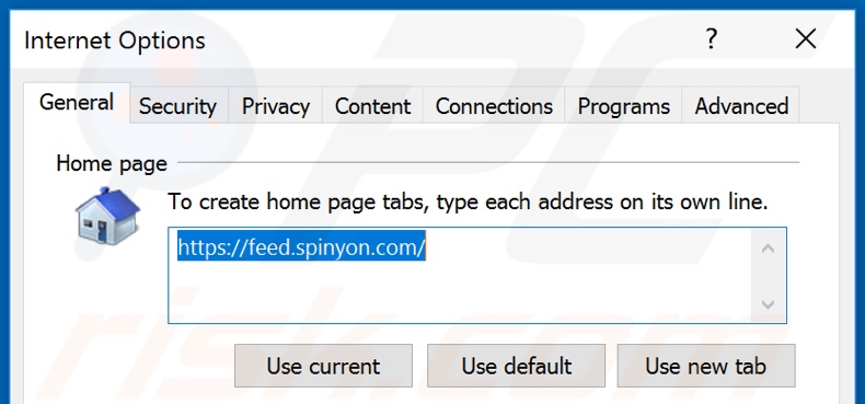Removing feed.spinyon.com from Internet Explorer homepage