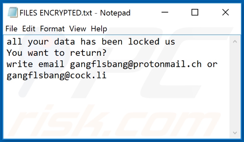 BANG ransomware text file (FILES ENCRYPTED.txt)