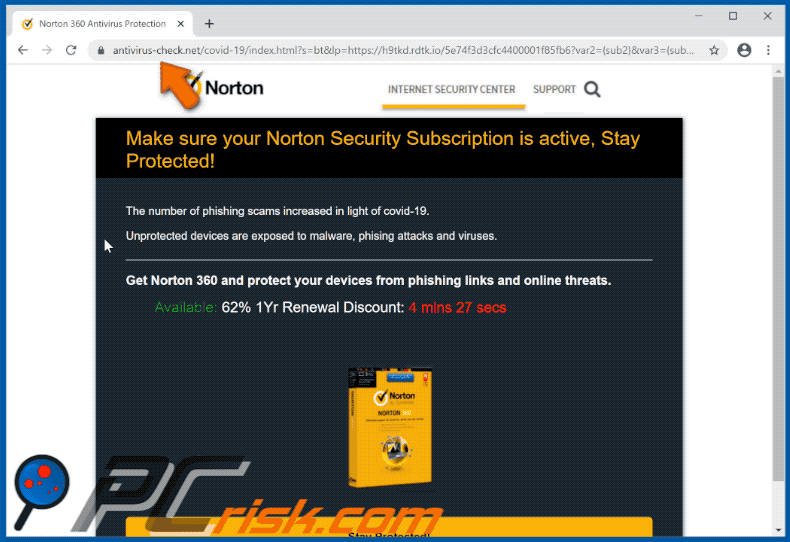 antivirus-check.net Webseite zeigt Das Norton Abonnment ist heute abgelaufen Pop-up-Betrug