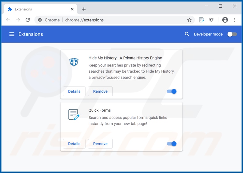 Mit hquick-forms.com verwandte Google Chrome Erweiterungen entfernen