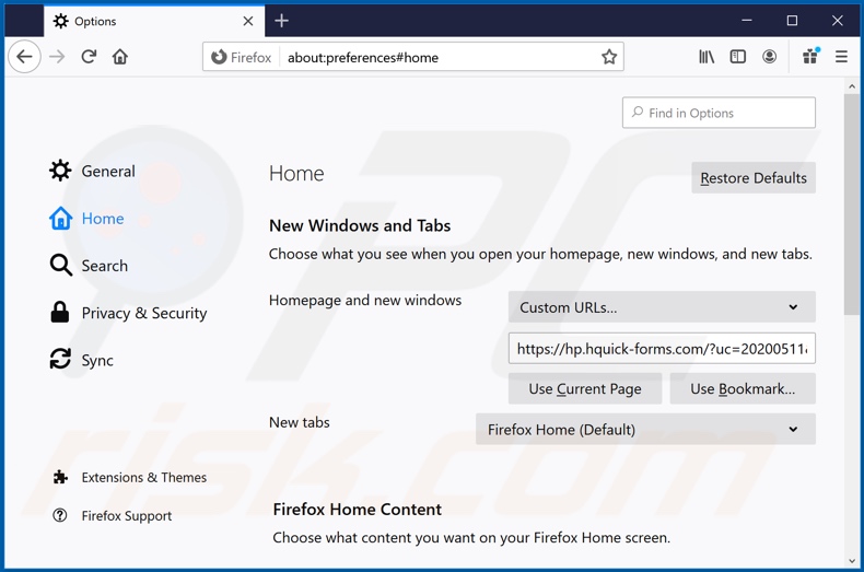 hquick-forms.com von der Mozilla Firefox Startseite entfernen