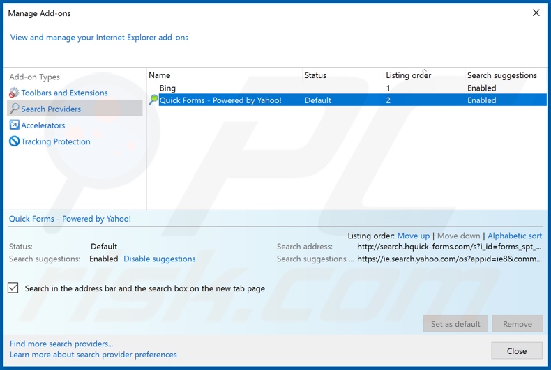 hquick-forms.com von der Internet Explorer Standardsuchmaschine entfernen