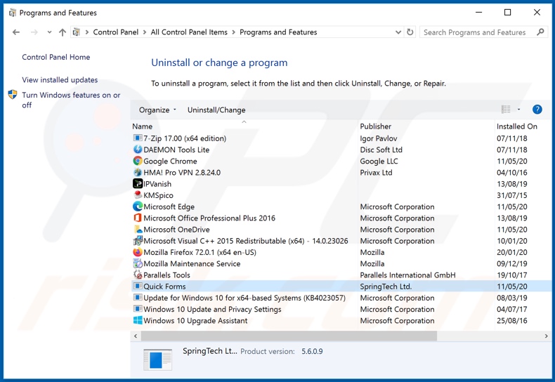 hquick-forms.com Browserentführer Deinstallation über Systemsteuerung
