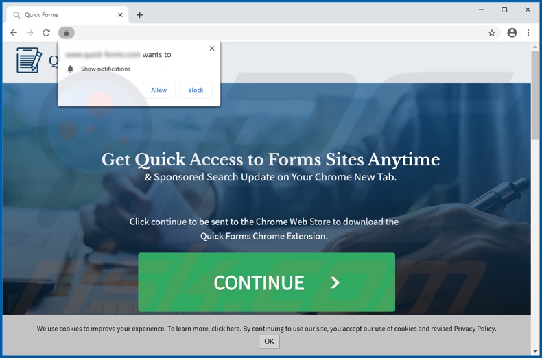 Webseite zur Förderung des Quick Forms Browserentführers