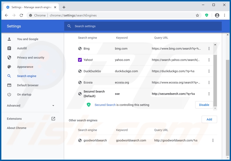 securedserch.com von der Google Chrome Standardsuchmaschine entfernen