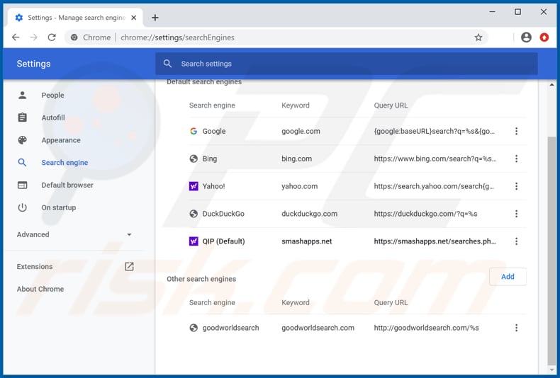 Removing smashapps.net from Google Chrome default search engine