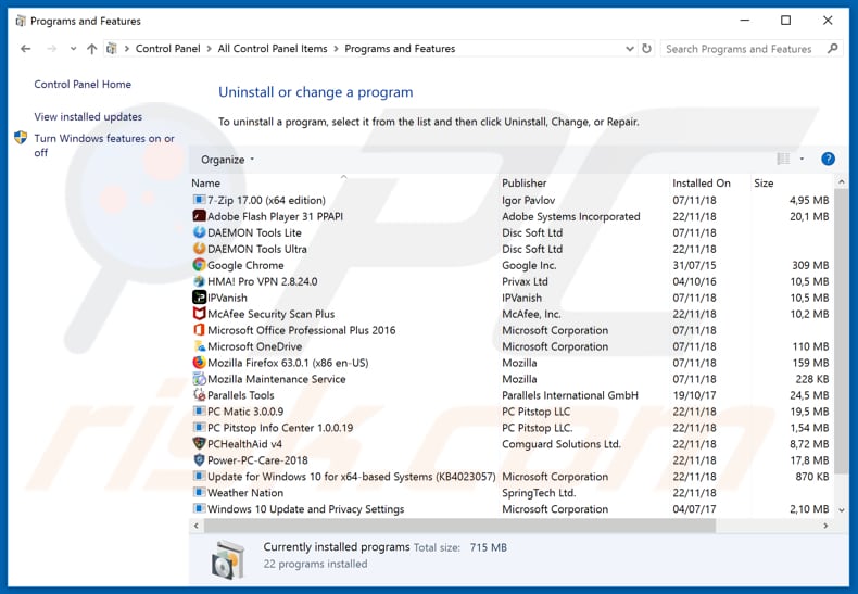 streamsrch.com browser hijacker uninstall via Control Panel