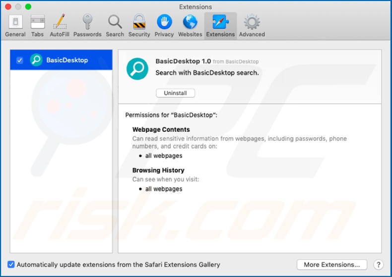 BasicDesktop adware installed on Safari